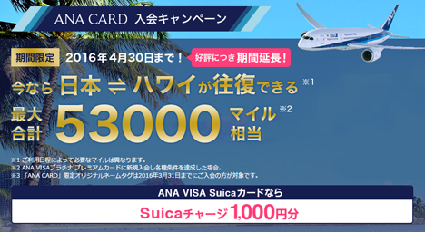 最大53,000マイル相当がプレゼントされるANA VISA／ANA VISA Suicaカードの入会キャンペーン1