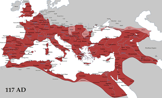 西暦117年当時のローマ帝国の最大版図