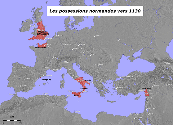 12世紀にノルマン人が征服した地を赤で示す