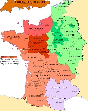 1154年のフランスにおけるプランタジネット朝の版図（茶、褐色の部分）