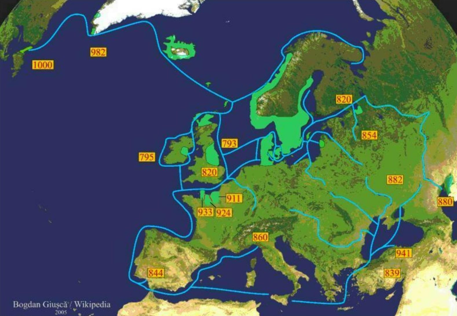 ヴァイキングの航海 緑色はヴァイキングの居住地（植民地）、青線は経路、数字は到達年。黒海やカスピ海、北アメリカ大陸のニューファンドランド島にも到達している