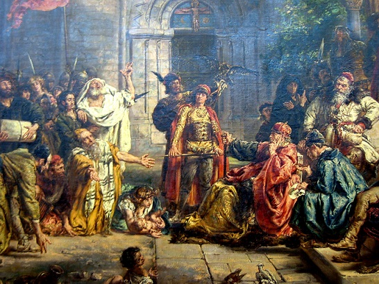 亡命ユダヤ人たちを暖かく迎え入れるポーランドの君主ヴワディスワフ1世公と息子ボレスワフ　そして、これを喜び公と神に感謝するユダヤ人たち（1096年）