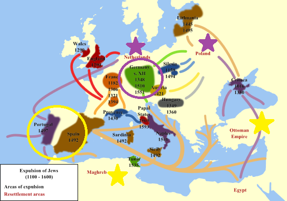 1100年から1600年にかけてのヨーロッパにおけるユダヤ人の追放による民族移動を示す地図