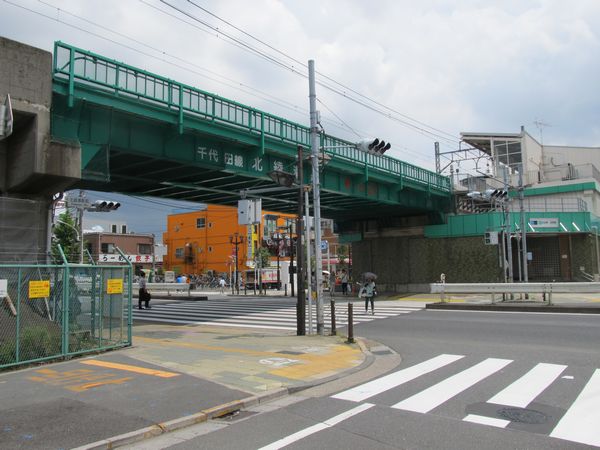 環状7号線北側から北綾瀬駅のホーム終端を見る。今後手前に向かって歩道橋が建設される。