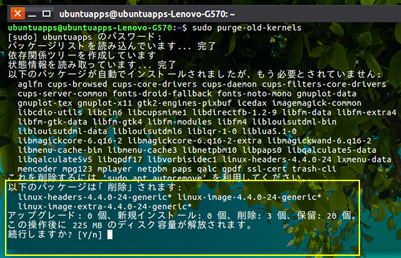 purge-old-kernels Ubuntu コマンド 古いカーネル削除 確認